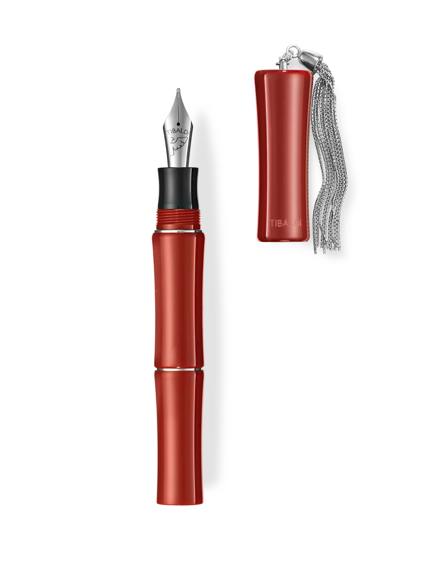 Tibaldi Bambo Lipstick Red Resin Fountain Pen, Sterling Silver Tassel, Fine Nib